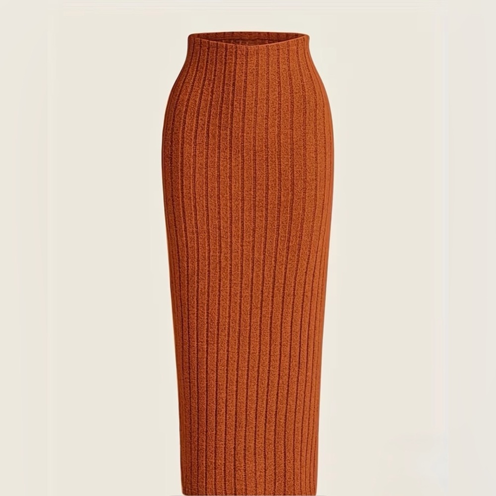Orange Ribbed Knit Maxi Pencil Skirt